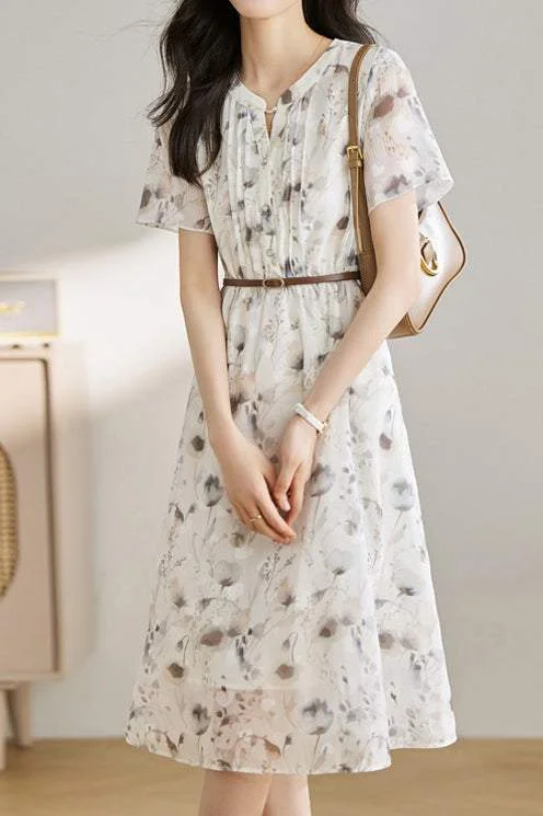 Special Offers Skipper Collar Floral Pintuck Belted Dress with Lining