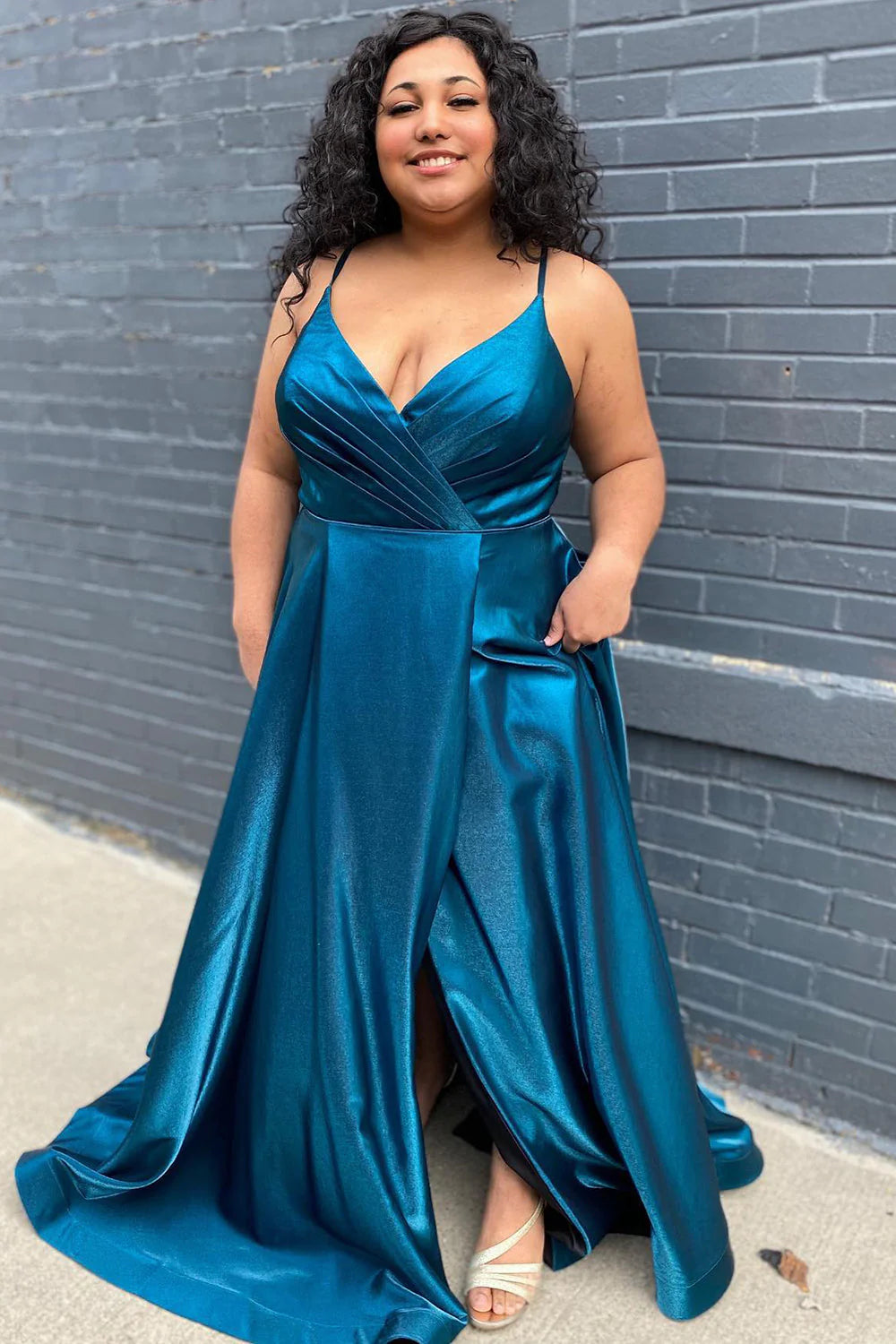 Fashion For Every Occasion Plus Size Prom Dress Satin Spaghetti Straps Long with Slit