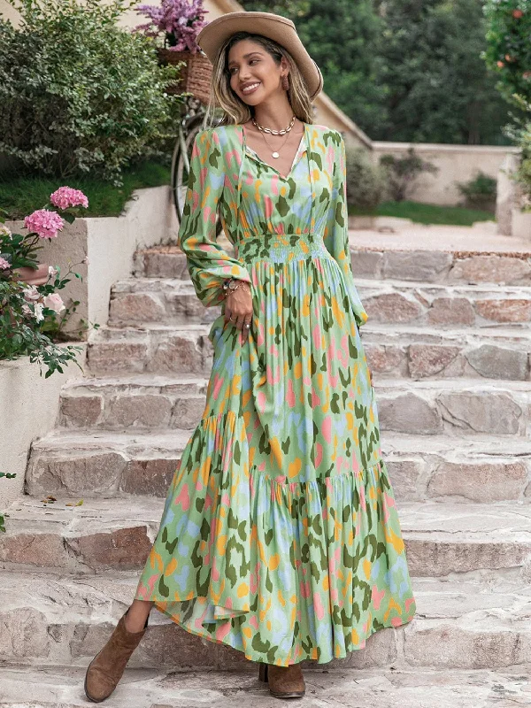 Effortless Style, Endless Impact Printed Tie Neck Long Sleeve Maxi Dress