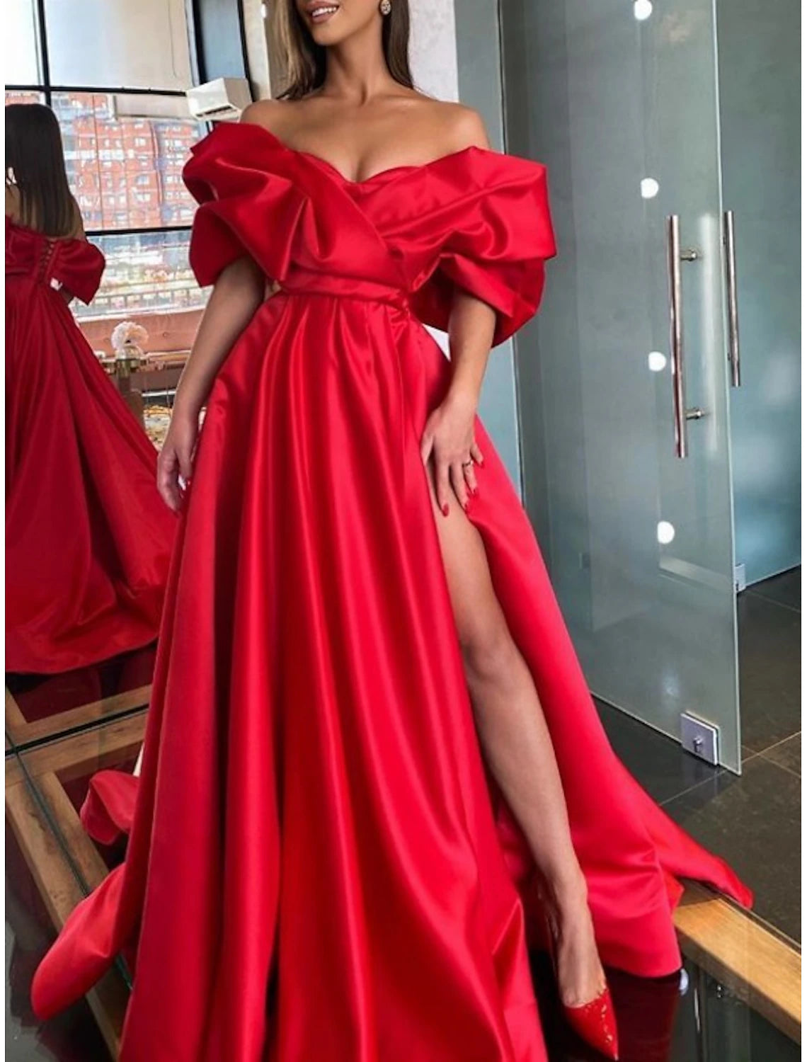 Trendy Women's Collection Gown Dress Tie Gala Sweep / Brush Train Half Sleeve Off Shoulder Satin with Ruched Slit Evening Dress