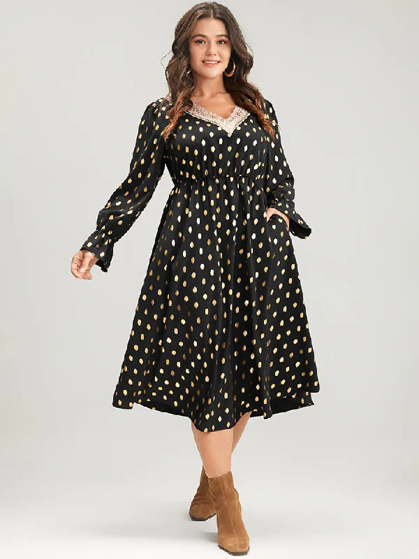 Discover Promotions Polka Dot Lantern Sleeve Pocket Lace Trim Midi Dress