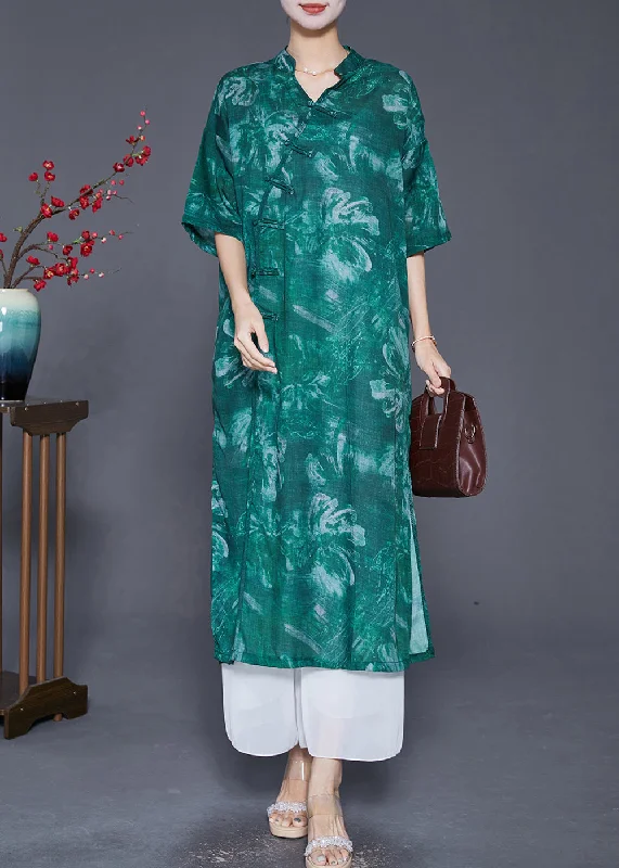 Women's Elegant Evening Outfit Redefining Women's Fashion Vintage Blackish Green V Neck Tie Dye Linen Gown Dresses Half Sleeve