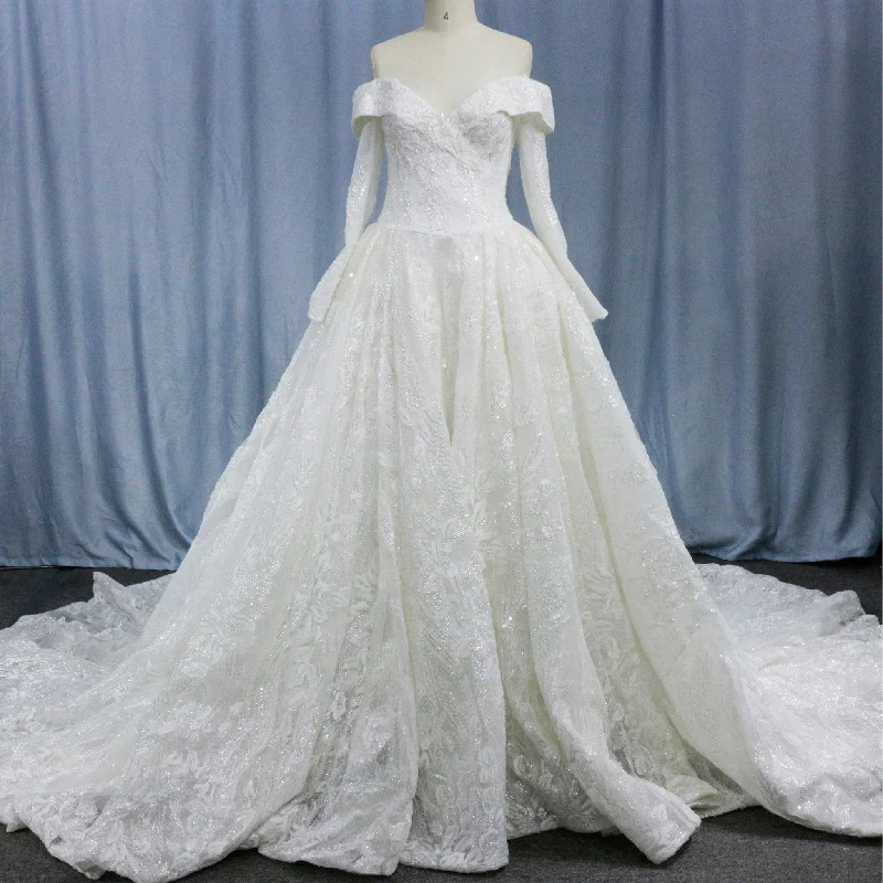 Best-Sellers Long Sleeve Sparkly Ball Gown Wedding Dress with Bling Lace