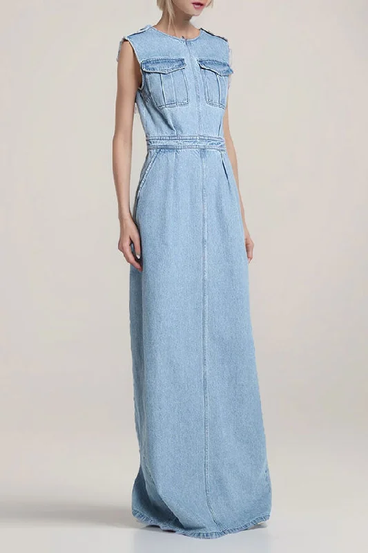 New Arrivals Solid Color Washed Denim V-Back Cool Pocket Maxi Dress