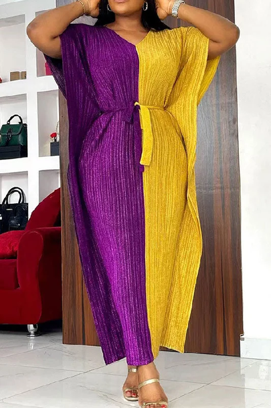 Best-Sellers Color Block Patchwork Bright Lace-Up Maxi Dress