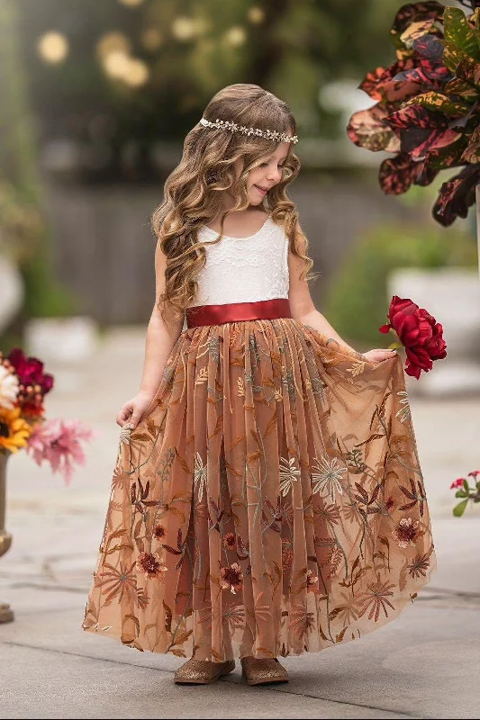 Fashion Forward Sleeveless Floral Embroidered Burnt Orange Flower Girl Dress