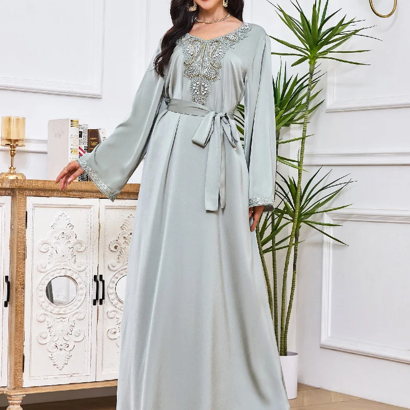 Special Offer Ramadan Floral Charm - Luxurious Beaded Kaftan Dress with Long Sleeves & Tied Crew Neck - A Timeless, Flowy & Comfortable Womens Clothing Choice for Festive Occasions