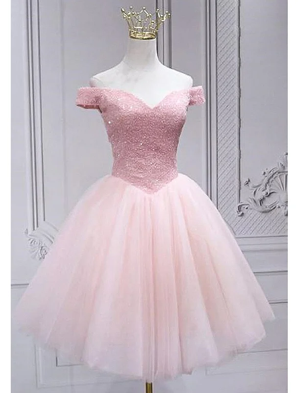 End Of Season Sale A-Line Homecoming Dresses Sparkle & Shine Dress Party Wear Knee Length Sleeveless Off Shoulder Tulle with Sequin