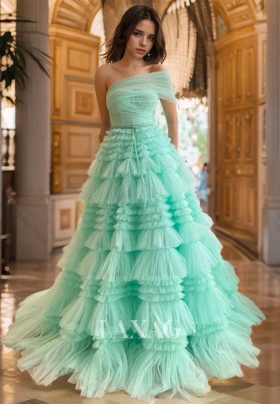 Spring Wardrobe Asymmetrical-Neck Sleeveless Long Formal Gowns Sleeveless Pleated Tiered Tulle A-Line Prom Dress