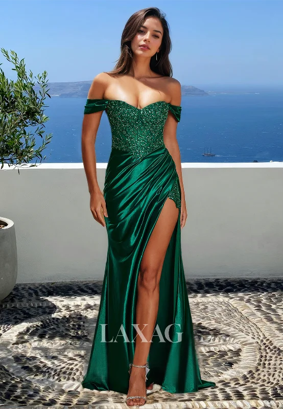 Women's Clothing For Holiday Travel Flash Sale Starts Off-Shoulder Sleeveless Beaded Sequined Party Gowns Sweetheart Pleated High Slit Mermaid Prom Dress