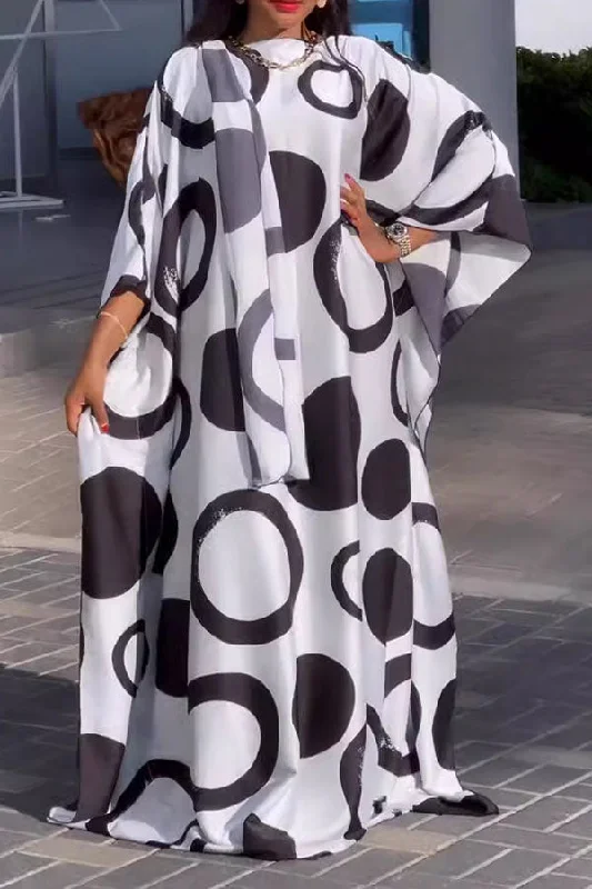 Big Savings On Rustic Countryside Styles Contrasting Graphic Print Stylish Batwing Sleeve Maxi Dress