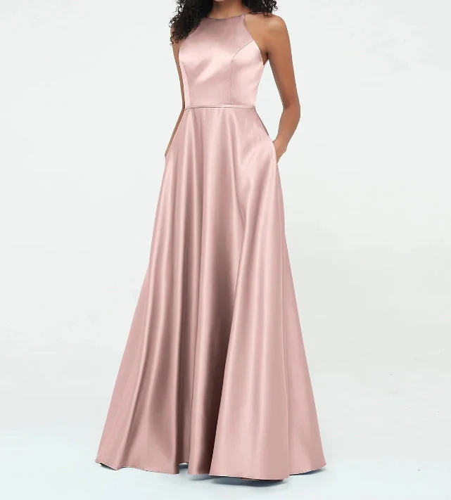 Save Big Evening Dress A-Line Halter Satin Pockets Dresses