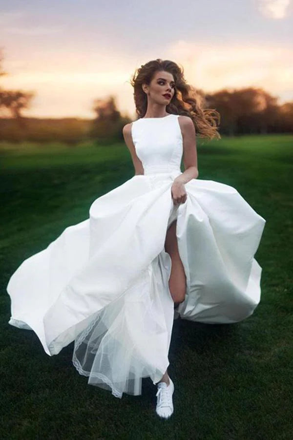 Chic Trends For The Fashion Savvy Elegant A-line Bateau Ivory Sleeveless Satin Prom Dress Simple Wedding Dress