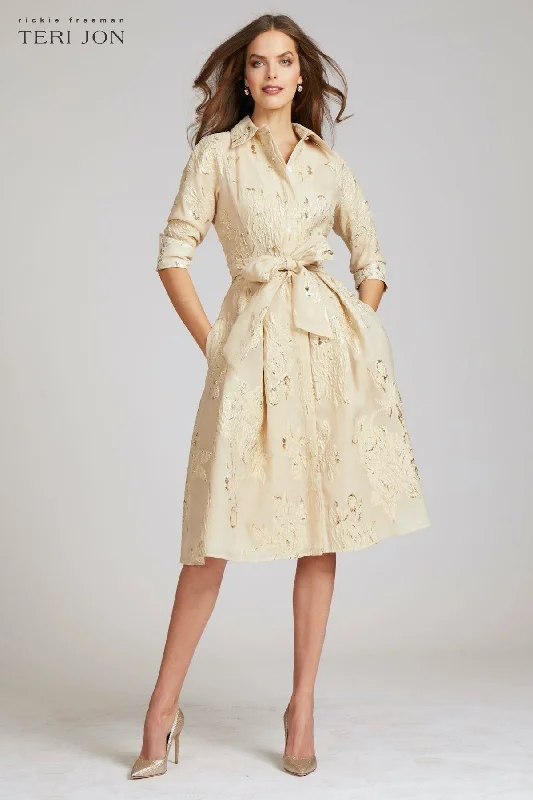 Huge Markdowns Metallic Jacquard Shirt Dress with Floral Print