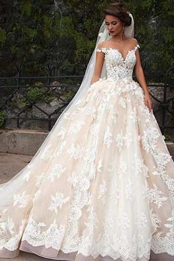 Exclusive Discounts Glamorous Jewel Cap Sleeves White Court Train Wedding Dress with Lace Top