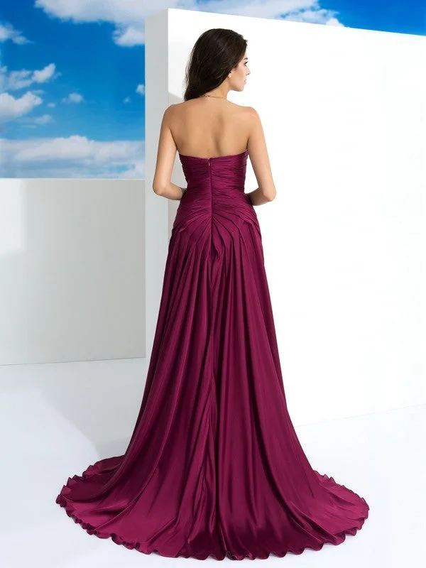 Polished Finish A-Line/Princess Strapless Pleats Sleeveless Long Satin Chiffon Dresses