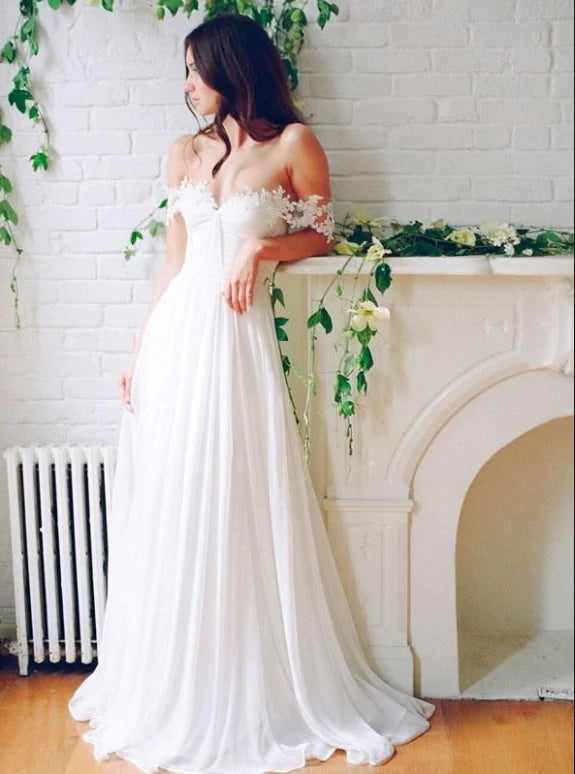 Exclusive Sale A Line Chiffon Sweetheart Lace Off the Shoulder Beach Wedding Dresses with Pleats