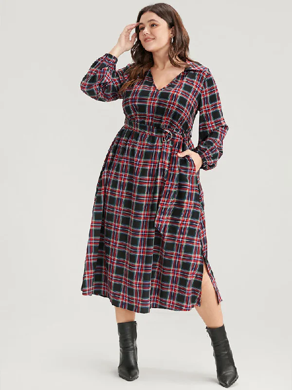 Wardrobe Refresh Tartan Lantern Sleeve Pocket Belted Midi Dress