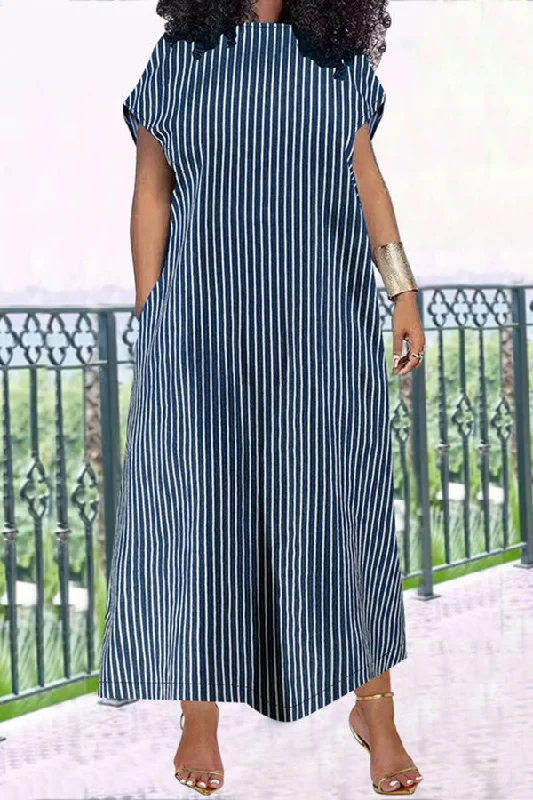 Elegant Simplicity Wardrobe Striped Round Neck V-Back Relaxed Maxi Dress