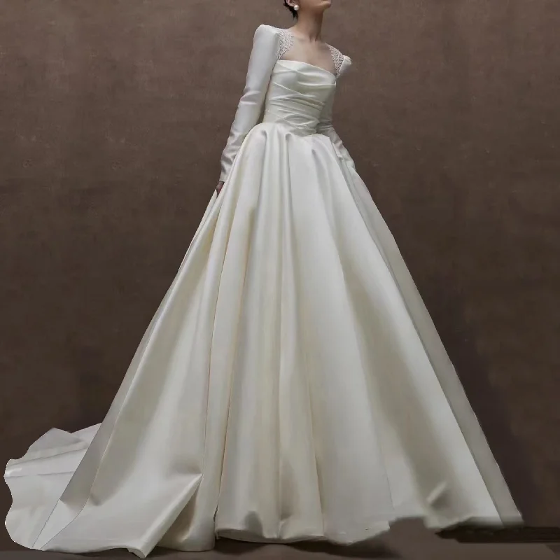 Evening Elegance Simple Satin Bridal Wedding Dress with Long Sleeve