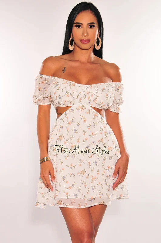 Fashion Forward Femininity White Floral Print Off Shoulder Short Sleeve Cut Out Babydoll Dress