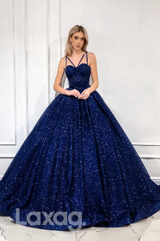 Women's Outerwear Attire Chic Trends Unveiled 21882 - Straps Blue Glitter Ball Gown Prom Evening Dress