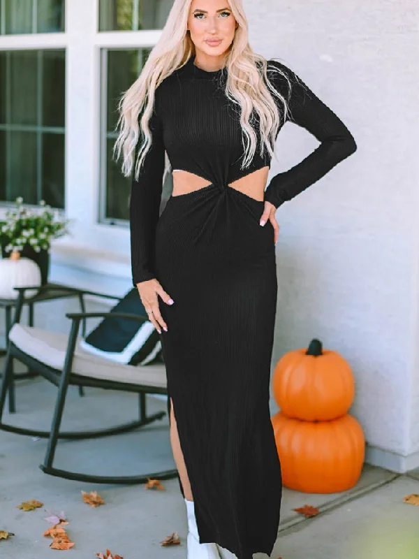 Chic Trends For The Fashion Savvy Cutout Round Neck Long Sleeve Slit Maxi Dress