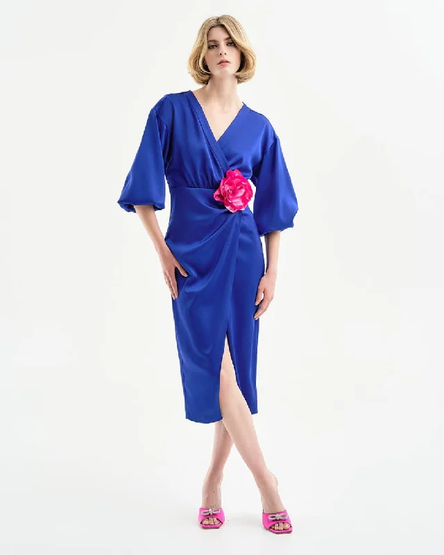 Elegant Ensemble Access Fashion Blue Wrap Midi Satin Dress With Pleats