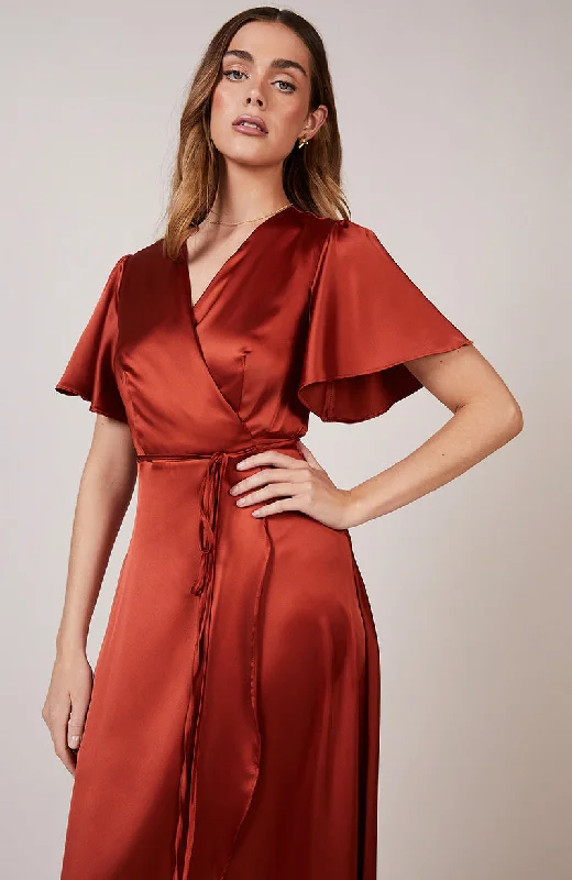 Chic Outfits Florence Waterfall Dress in Burnt Orange Satin (L & XL)