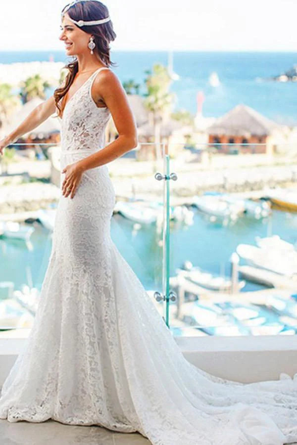 Seize Bargains Elegant Mermaid Lace V-neck Court Train Ivory Sleeveless Beach Wedding Dresses