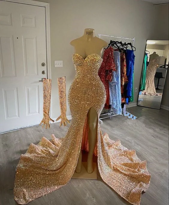 Trendy Aesthetics Mermaid Sleeveless Gold Sequined Prom Dress    S1578