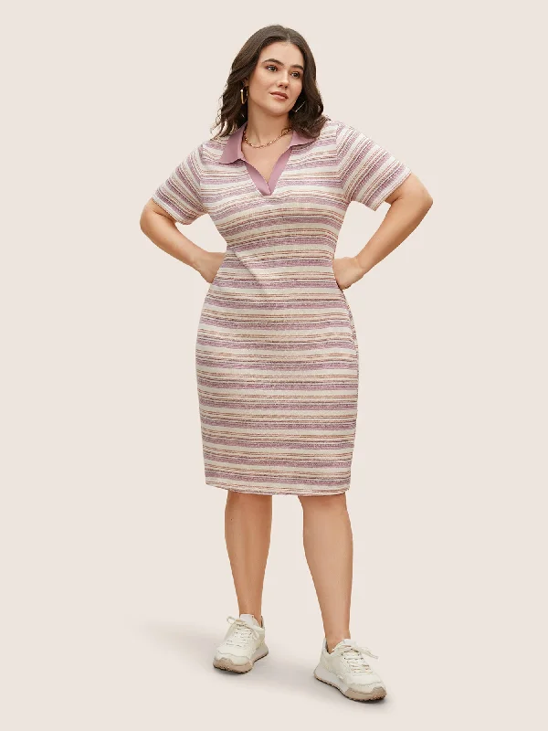 Flash Deals Polo Neck Striped Knit Midi Dress