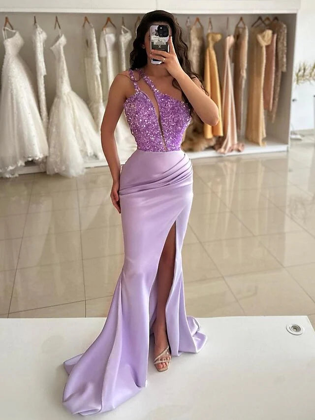 Buy More, Save More Mermaid/Trumpet One-Shoulder Sleeveless Floor-Length Long Prom Dresses With Sequins