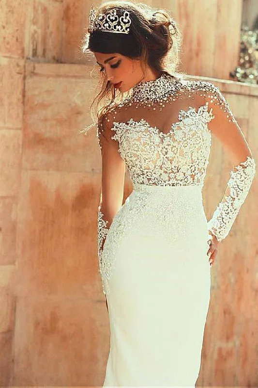 Fashion-Forward Long Sleeve Mermaid High Neck Lace Appliques Open Back Ivory Long Wedding Dresses