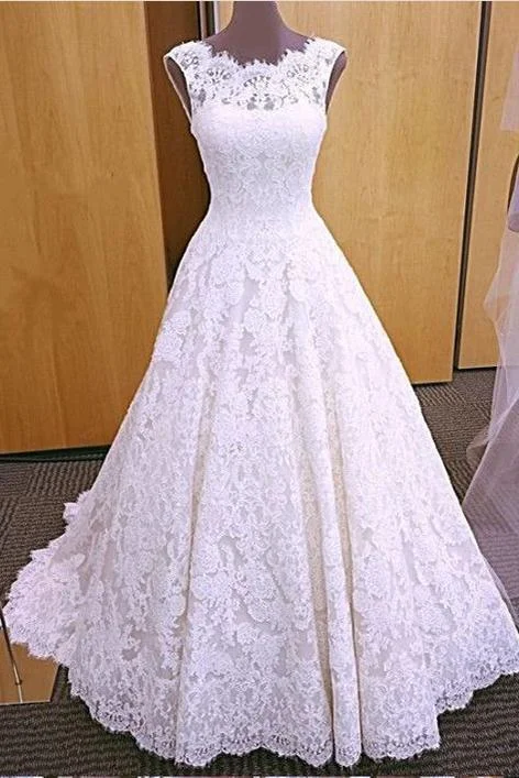 Effortless Everyday Wear Chic Romantic Open Back A line Short Train Lace Ivory Long Wedding Dresses