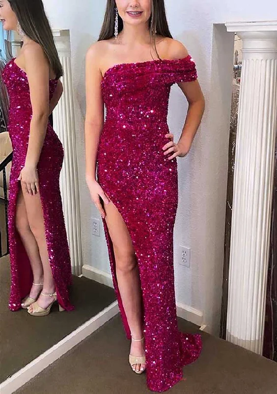 All Season Basics Discount Mermaid/Trumpet Off-The-Shoulder Sleeveless Long Prom Dresses With Sequins Split Side