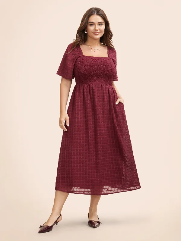 Mother'S Day Special Square Neck Textured Shirred Midi Dress