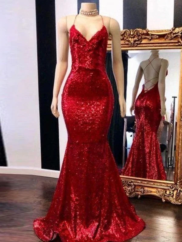 Casual Chic Trumpet/Mermaid Sweep/Brush Train Spaghetti Straps Sleeveless Sequins Dresses