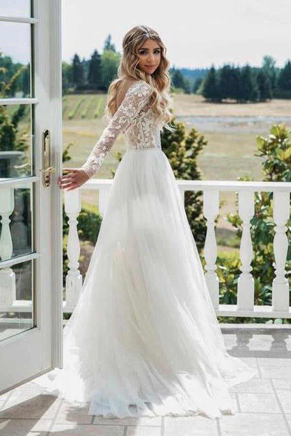 Chic Style, Always In Vogue A Line Long Sleeve Deep V Neck Tulle Open Back Lace Appliques Wedding Dresses