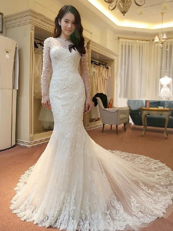 Trendy Fashion Sale Elegant Mermaid Scoop Neck Tulle Beads Lace Appliques Chapel Train Long Sleeve Wedding Dress