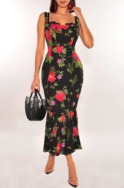 Trendy Urban Attire Black Floral Sleeveless Lace Mermaid Dress