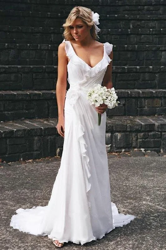 From Casual To Classy Elegant Sheath V Neck Chiffon Ruffles Sleeveless Open Back Wedding Dresses