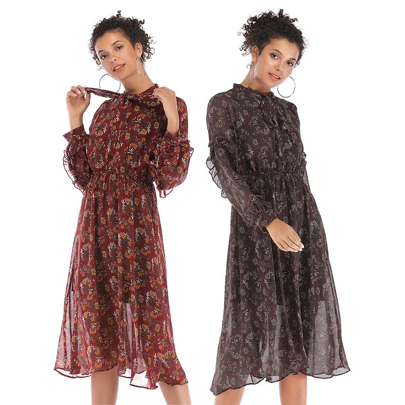 Fashion-Forward Outfits IKEARLAX  autumn  women's clothing fashion temperament small floral chiffon dress  medium and long long-sleeved pendulum skirt