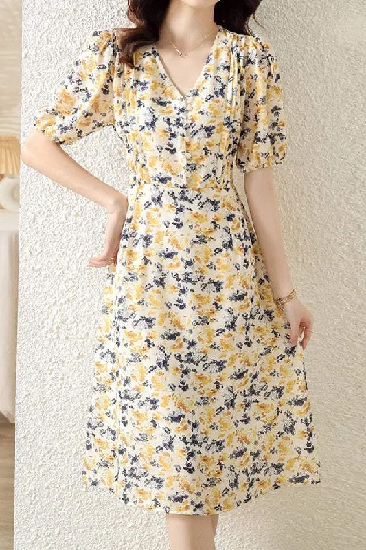 Limited Edition V-Neck Floral Pintuck Flare Dress