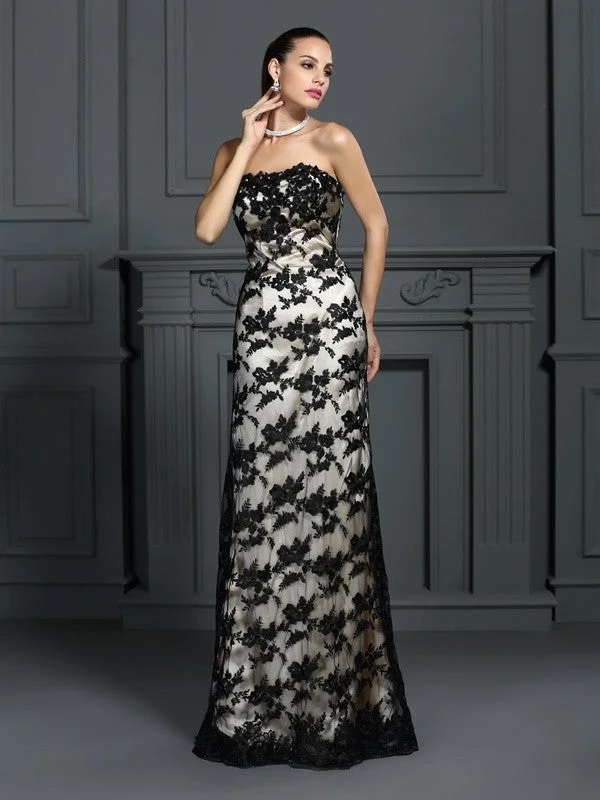 Everyday Glamour Sheath/Column Strapless Lace Sleeveless Long  Woven Satin Dresses