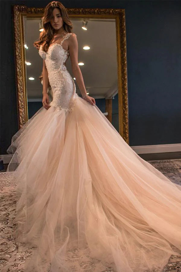 Designer Wear On Sale Elegant Mermaid Sweetheart Watteau Train Yarn Lace Tulle Pink Wedding Dresses