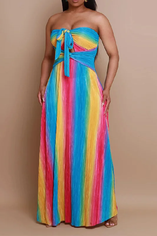 Style Upgrade Rainbow Versatile Lace-Up Twist Front Pleated Maxi Dress