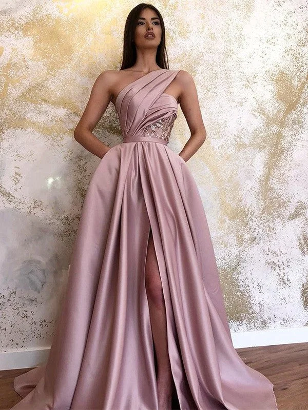 All Season Fashion Collection A-Line/Princess Satin Sleeveless Ruched One-Shoulder Sweep/Brush Train Dresses