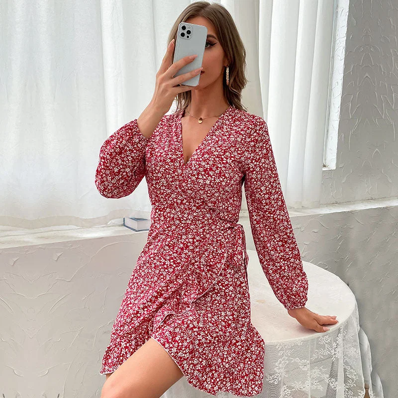 Limited Time Flash Sale IKEARLAX  Cross-border Spring and Autumn  Women's Clothing Cardigan V-Neck Lotus Leaf Edge Floral Dress Women's Hot Trade