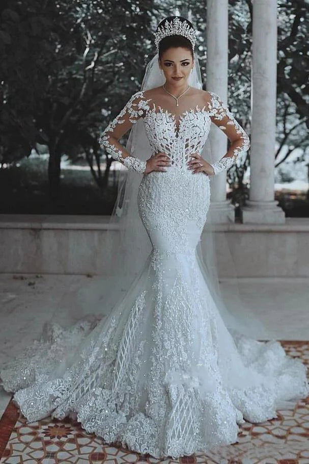 Fashion Deal Long Sleeve Lace Wedding Dress Mermaid Beads Lace Appliques Wedding Gowns